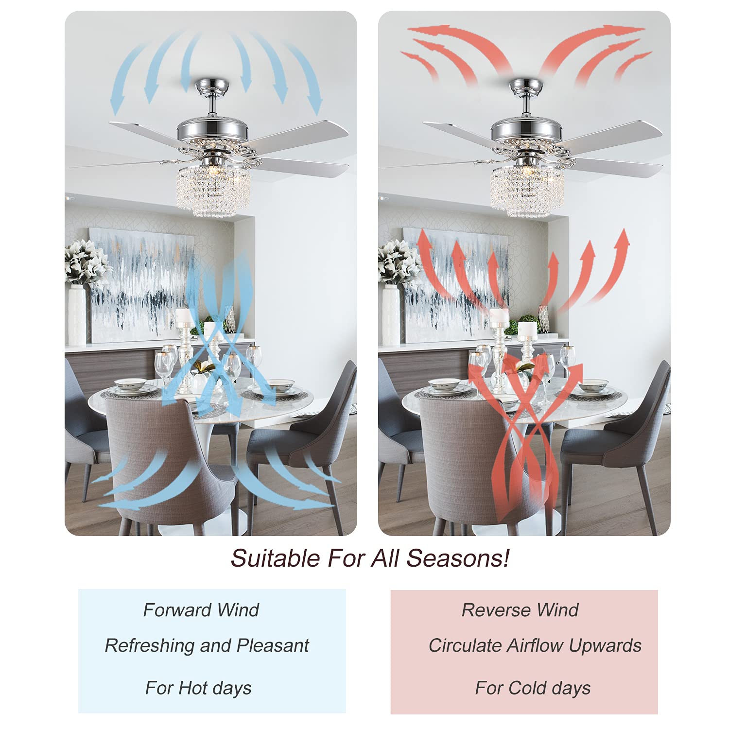 52 Inch Modern Reversible Ceiling Fan with Lights & Remote Control - Crystal Chandelier Fan for Bedroom, Dining Room & Living Room - Silver Finish - Energy Efficient LED Lighting for Home Decor & Air Circulation