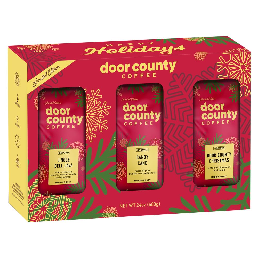 Premium Holiday Coffee Gift Set - 3 Pack (8oz Bags) - Door County Christmas Blend, Jingle Bell Java & Candy Cane Flavored Gourmet Coffee - Perfect for Christmas Gifts, Office Parties & Cozy Winter Mornings
