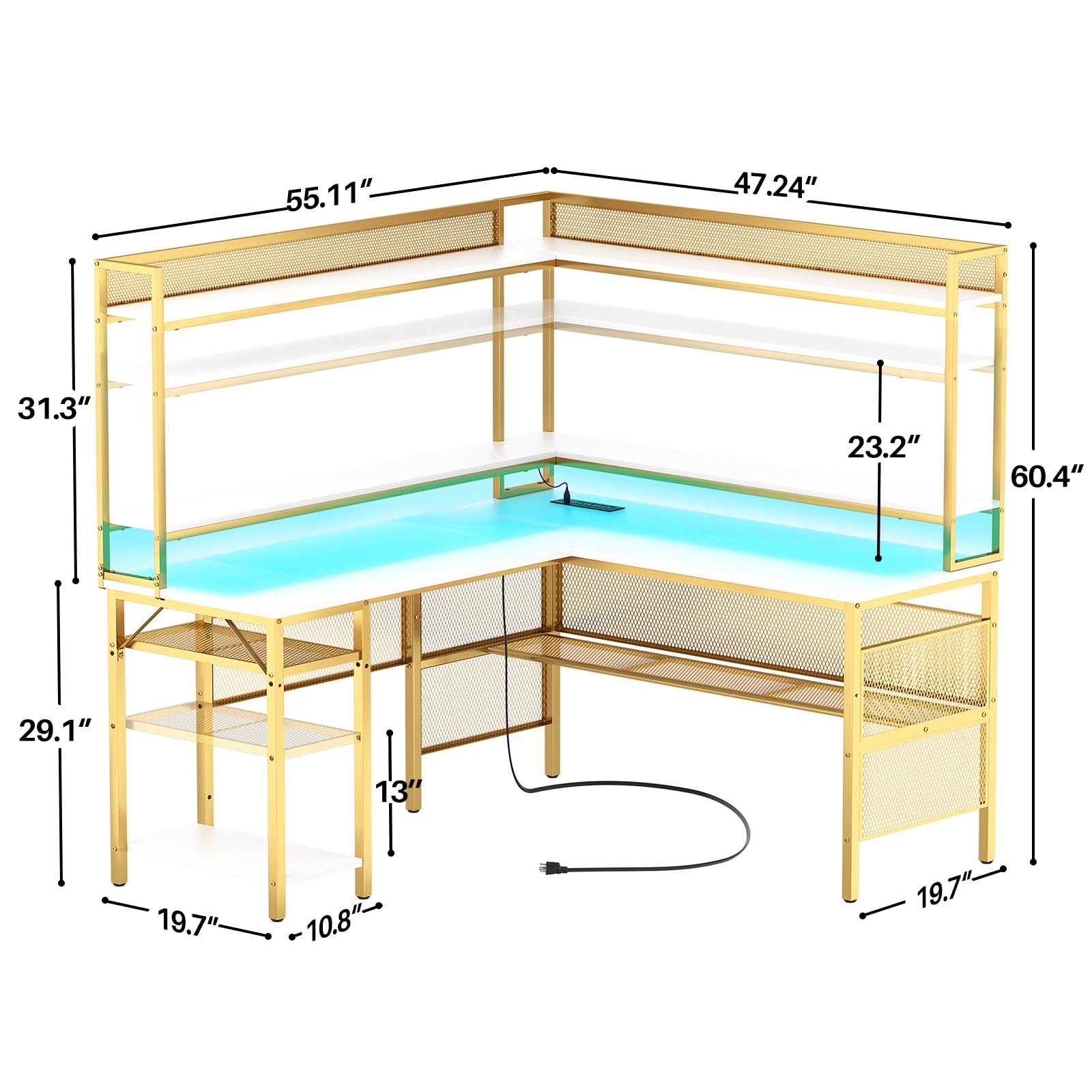 Unikito L-Shaped Gaming Desk with LED Lights - Reversible Computer Desk with Storage Shelves & Monitor Stand, Power Outlet - Industrial Style 2-Person Corner Desk for Home Office (White Oak) - Perfect for Gamers, Streamers & Remote Workers