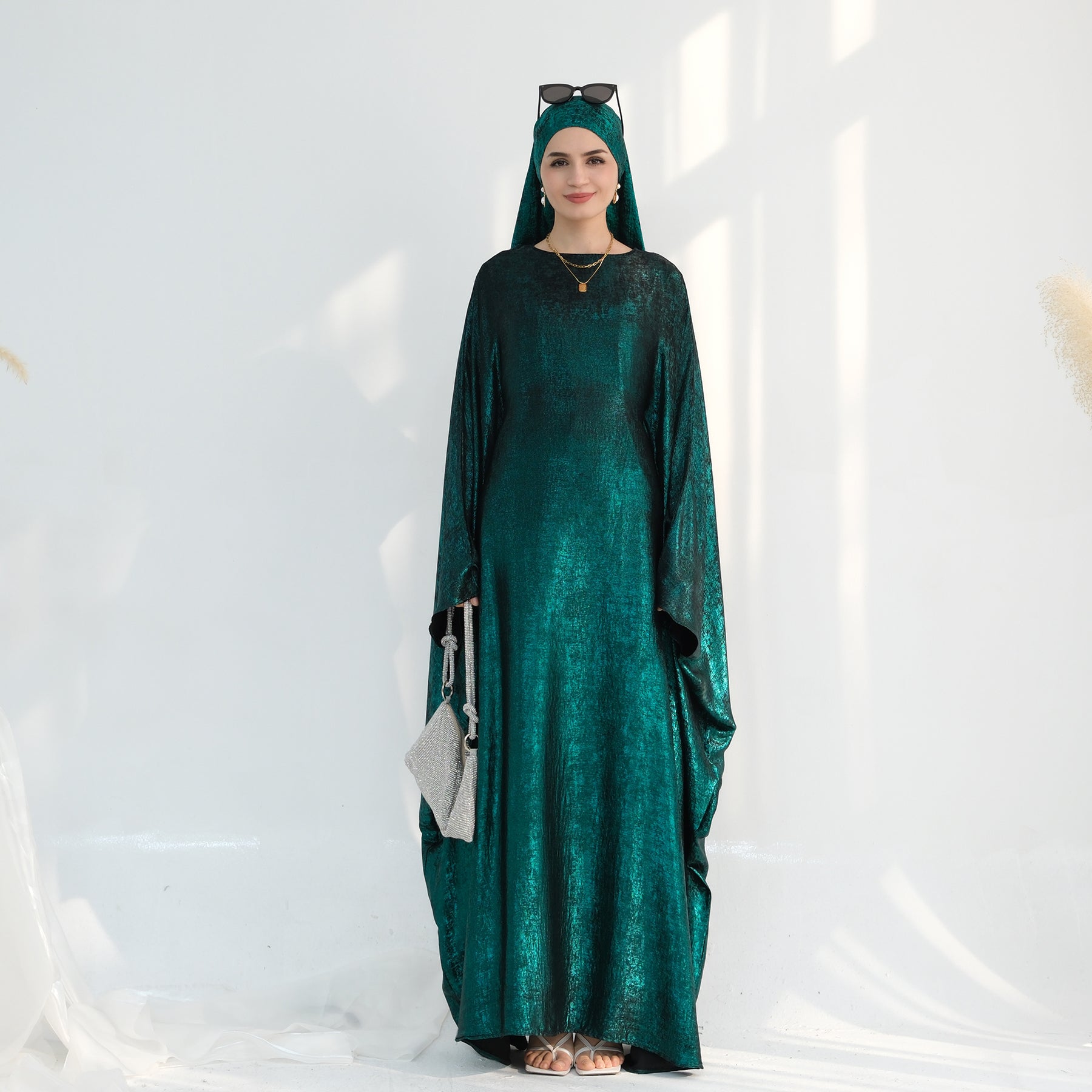 Linora Shimmer Butterfly Abaya - Elegant Green Islamic Dress for Women | Perfect for Eid, Ramadan, and Special Occasions