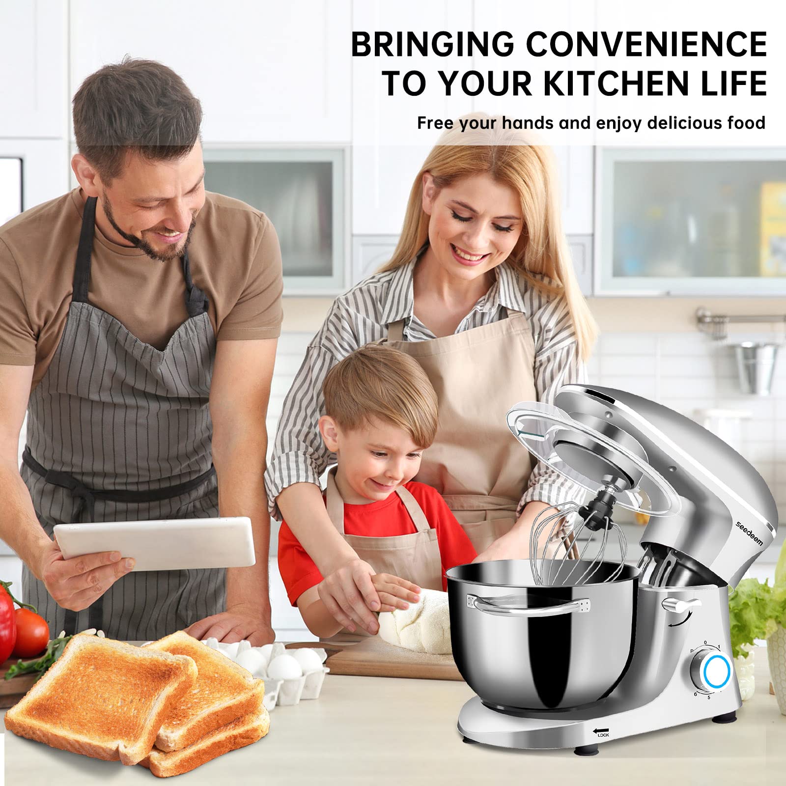 Seedeem 6Qt Stand Mixer, 660W Electric Food Mixer with Tilt-Head, 6-Speed Dough Mixer - Includes Dishwasher-Safe Dough Hook, Wire Whip & Beater - Perfect for Baking Bread, Cakes, Cookies & More (Silver)