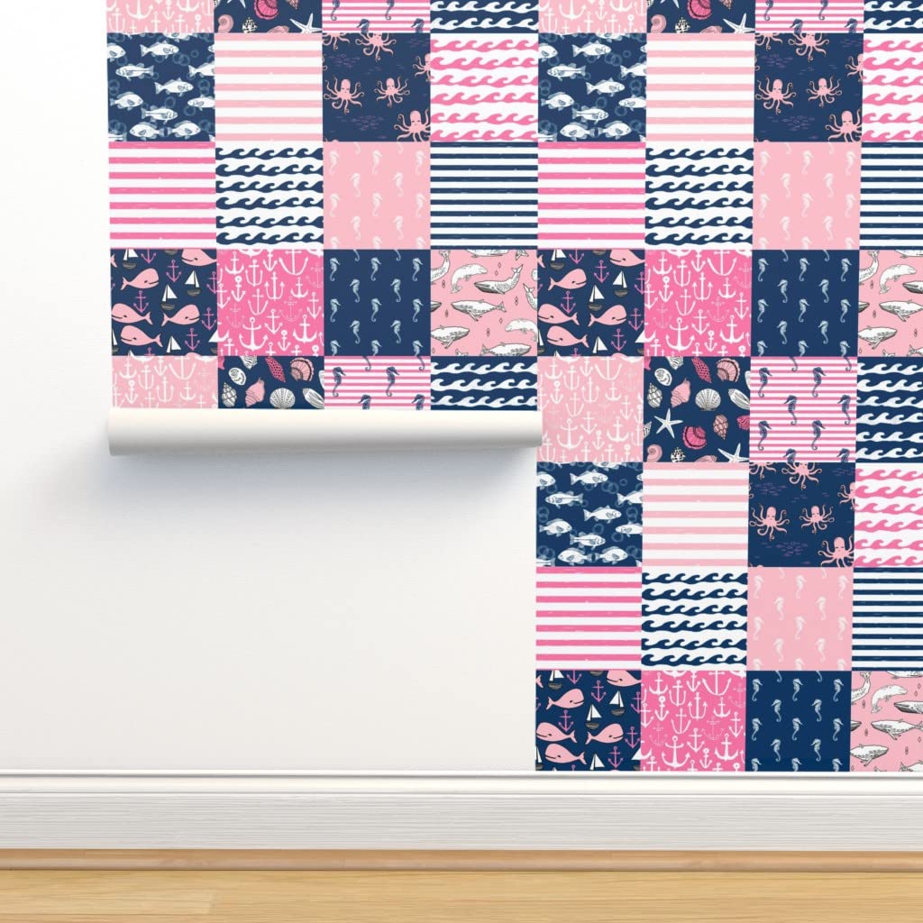 Nautical Anchor Baby Traditional Wallpaper - Commercial Grade 27ft x 2ft Navy Pink Wholecloth Cheater Quilt Top by Spoonflower | Perfect for Nursery, Bedroom & Coastal-Themed Home Decor