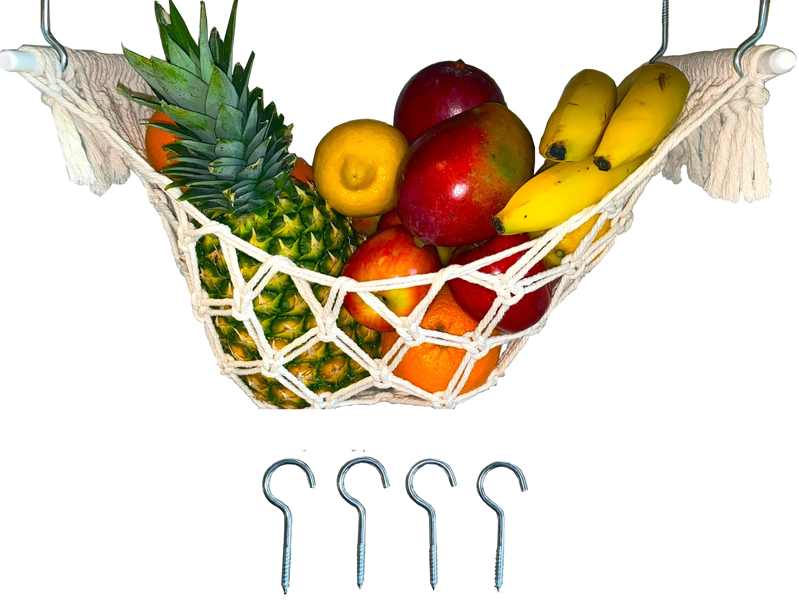 Eco-Friendly White Cotton Under Cabinet Macrame Fruit & Vegetable Hammock - Handmade Boho Design with Fringe - Deep Pocket Hanging Storage Organizer - Perfect for Kitchen, RV, Camper, Boat & Small Space Organization