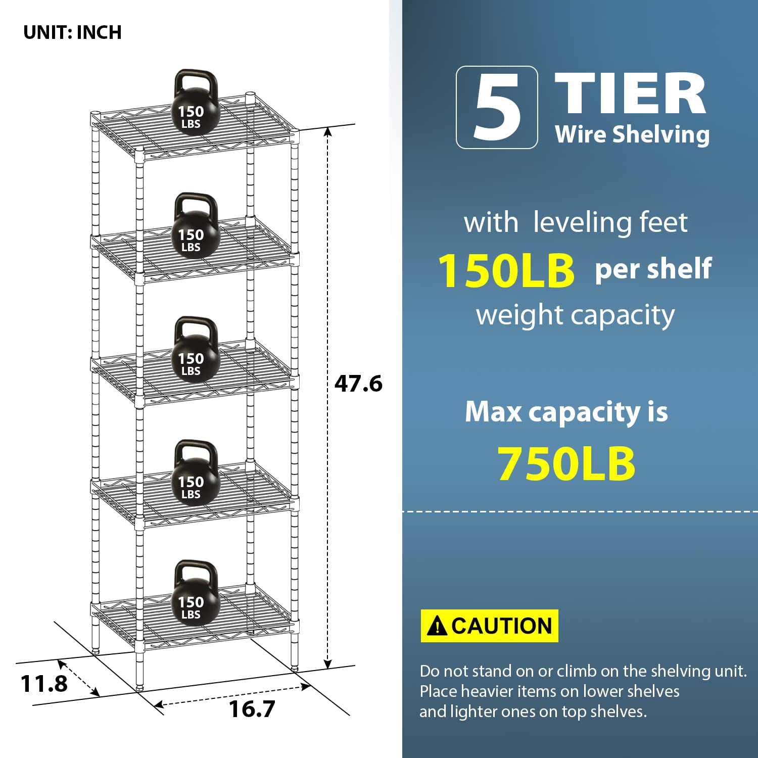 Adjustable NSF-Certified Metal Wire Shelving Unit - 16.7