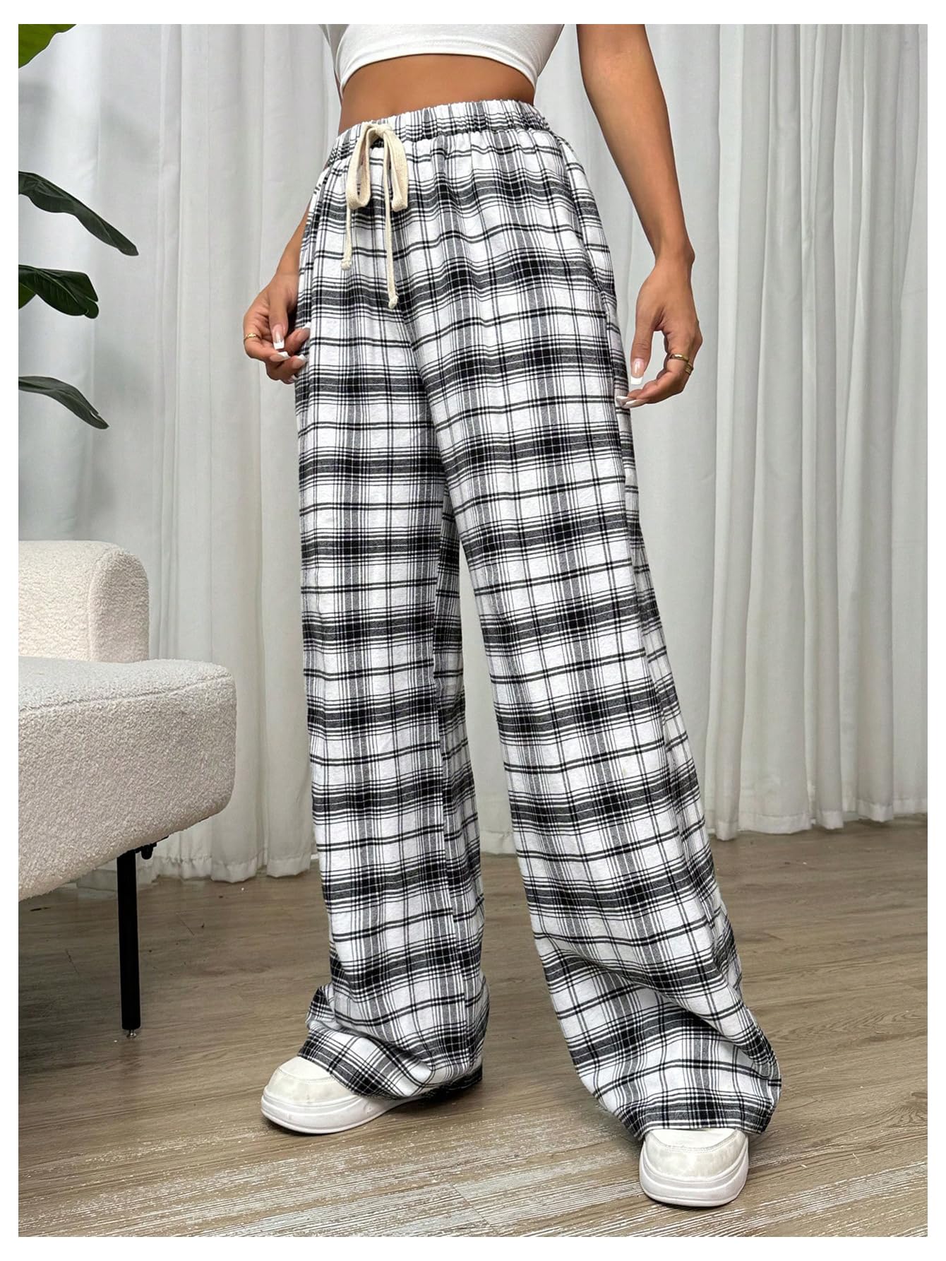 SHENHE Women's Plaid High Waist Drawstring Wide Leg Loose Casual Long Pants - Comfortable Lounge Pants for Home, Office & Travel