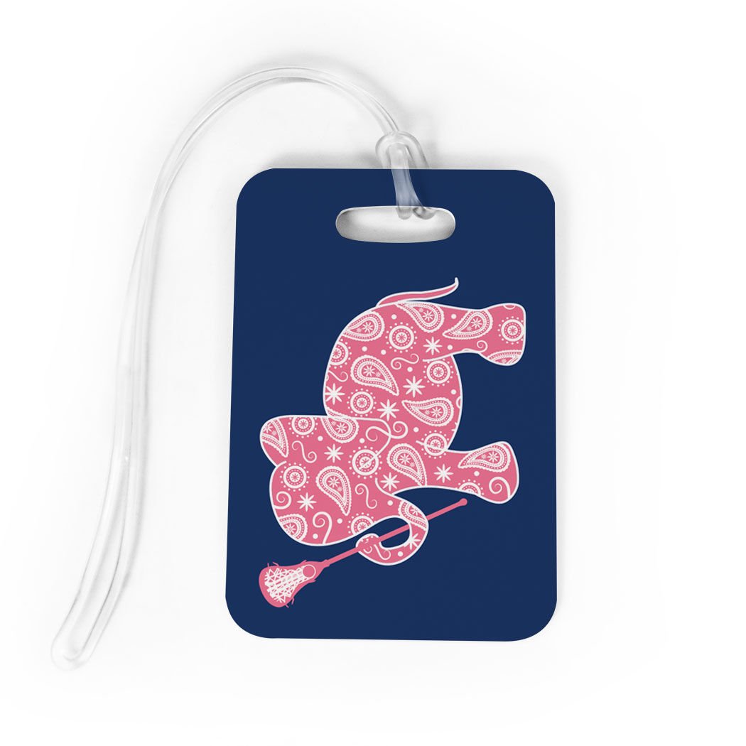 Custom Girls Lacrosse Luggage Tag - Personalized Lax Elephant Design with Info Panel - Medium Navy Sports Bag Tag for Travel & Team Gear Identification
