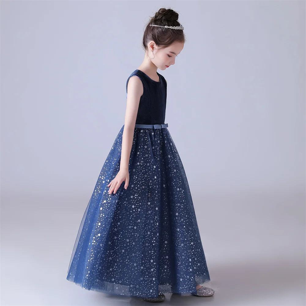 Navy Blue Shiny Tulle Flower Girl Dress - Sleeveless Formal Princess Gown for Kids Birthday Party, Wedding, Pageant & Special Occasions