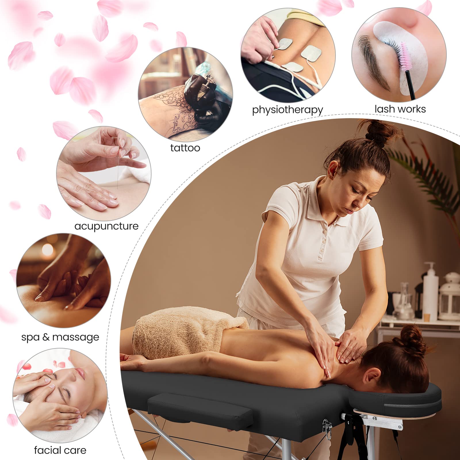 WELLHUT Portable Folding Massage Table - Adjustable Height Spa Bed with Armrests & Headrest for Salon, Lash Extensions, Tattoo & Therapy | Includes Face Cradle & Carrying Bag | Perfect Gift for Women & Professionals | Ideal for Home Use, Mobile Services & Spa Businesses (Black)