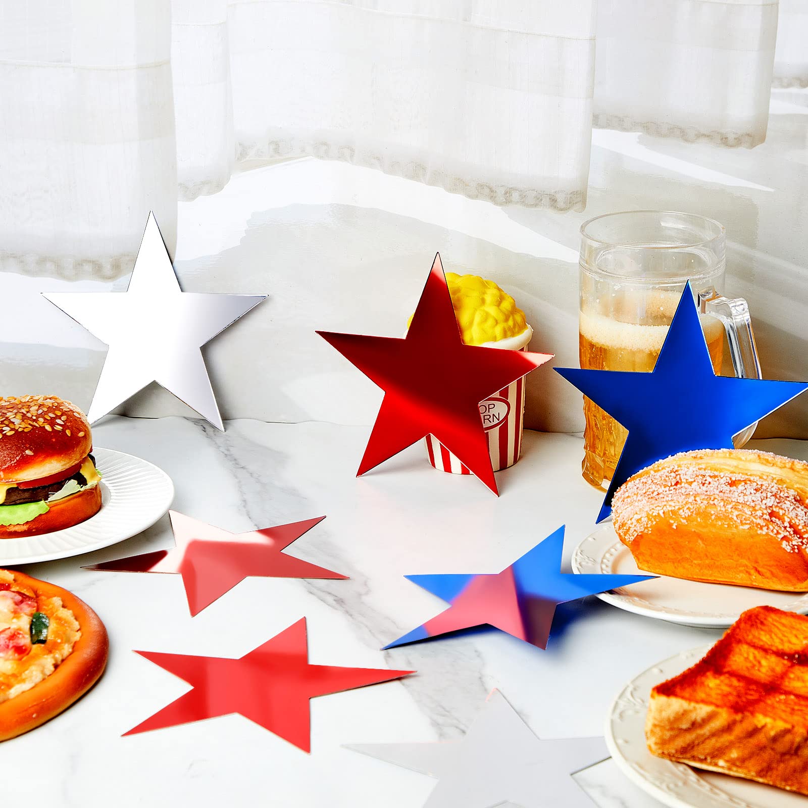 80-Piece Glitter Star Cutouts - Double-Sided Printed Cardboard Stars for Bulletin Boards, Classroom Walls, Party Decor (6 Inches, Red, Blue, Silver) | Perfect for Holiday Decorations, Birthday Parties, and DIY Craft Projects