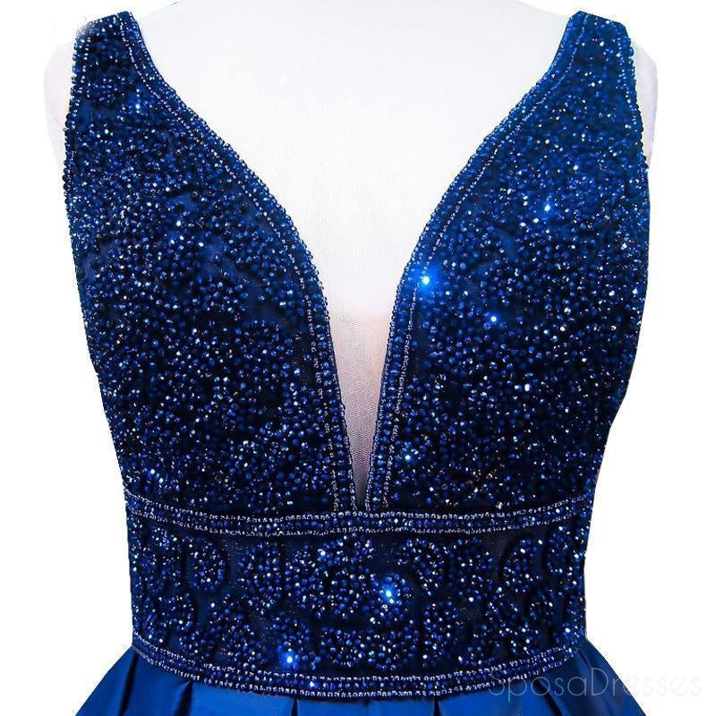 Elegant Navy Blue V-Neck Backless Beaded A-Line Long Evening Prom Dress - Custom Tailored for Special Occasions, Perfect for Homecoming, Formal Events & Weddings