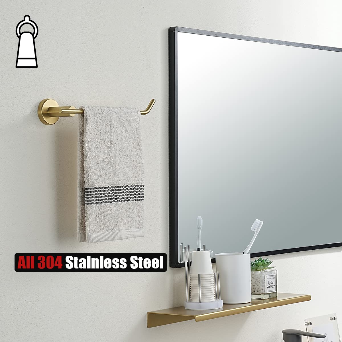 JQK 9 Inch Brushed Gold Stainless Steel Towel Ring Holder - Wall Mount Bathroom Towel Bar TR100-BG for Hand Towels, Perfect for Modern Bathrooms and Powder Rooms