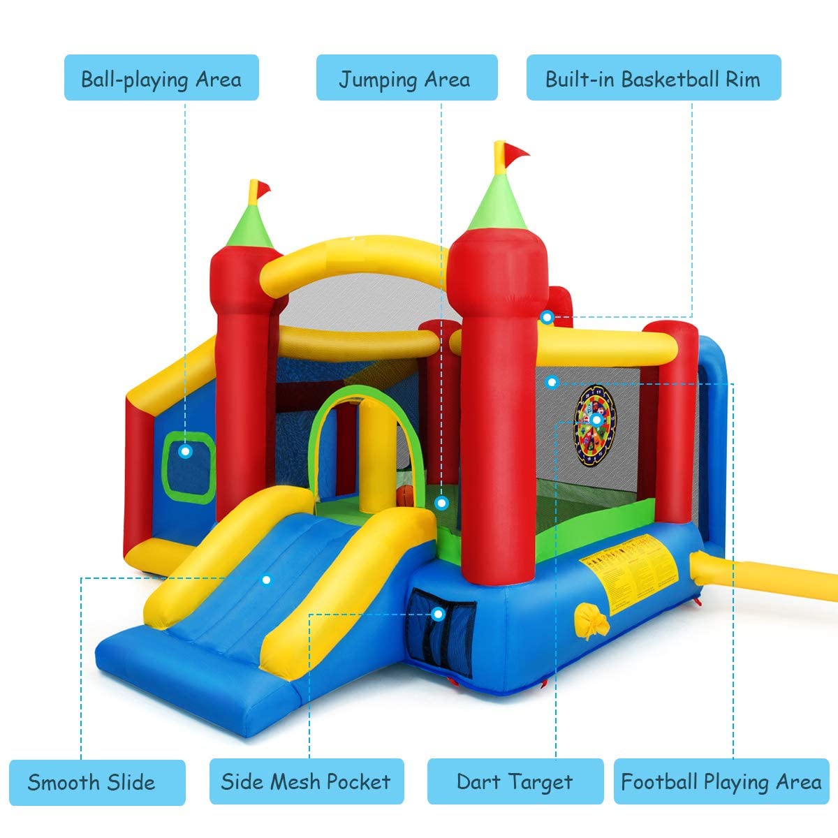 OLAKIDS Inflatable Bounce House with Slide & Ball Pit - Outdoor/Indoor Jumping Castle for Kids with Dart Target, Carrying Bag & Repair Kit - Perfect for Birthday Parties, Backyard Fun & Summer Activities