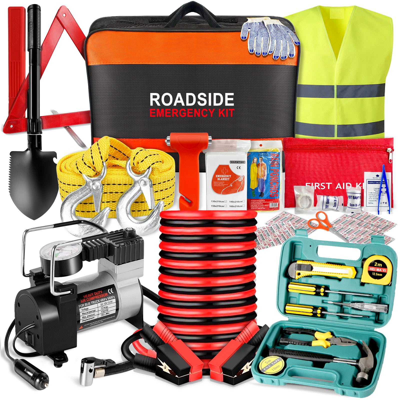 Car Emergency Kit with Air Compressor & Jumper Cables - Roadside Safety Kit for Cars, Trucks & Vehicles - Includes Folding Shovel, First Aid Kit, Tow Rope & Blanket - Winter Car Repair Tool Set for Emergency Preparedness & Roadside Assistance