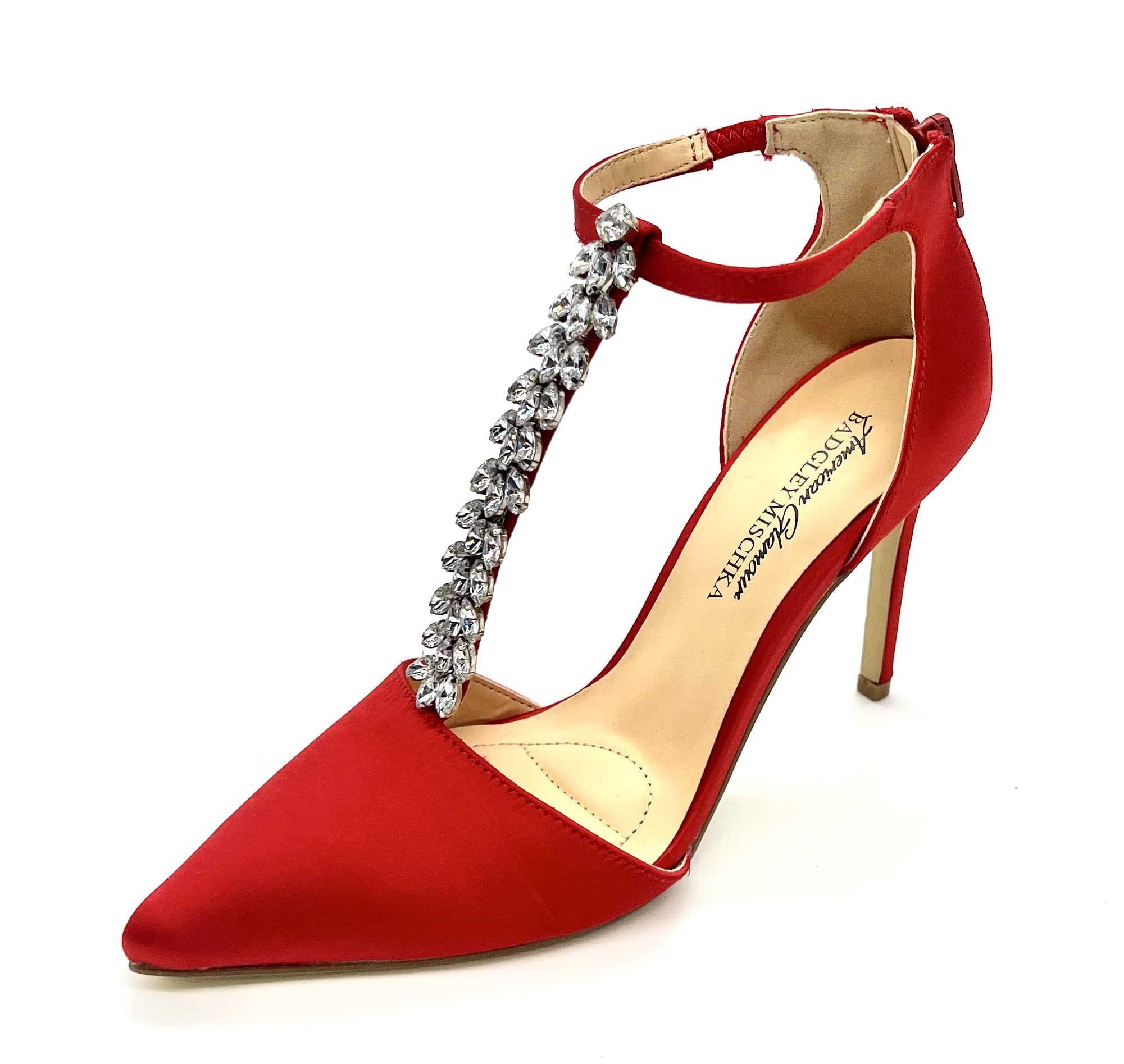 Red Women's Pumps - Jewel Embellished T-Strap Pointed Toe High Heels for Women | American Glamour Dress Shoes | Perfect for Office, Party & Special Occasions