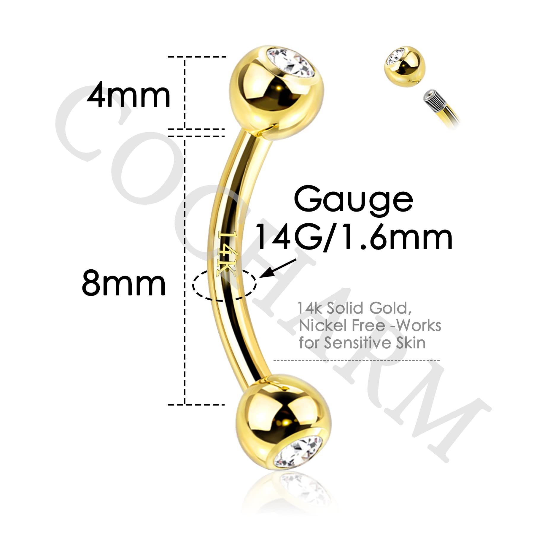 COCHARM 14K Real Gold Belly Button Rings - Cute Short & Long Upper Navel Piercing Jewelry - 16g/14g Rook Barbell - Perfect for Everyday Wear, Parties & Body Piercing Gifts