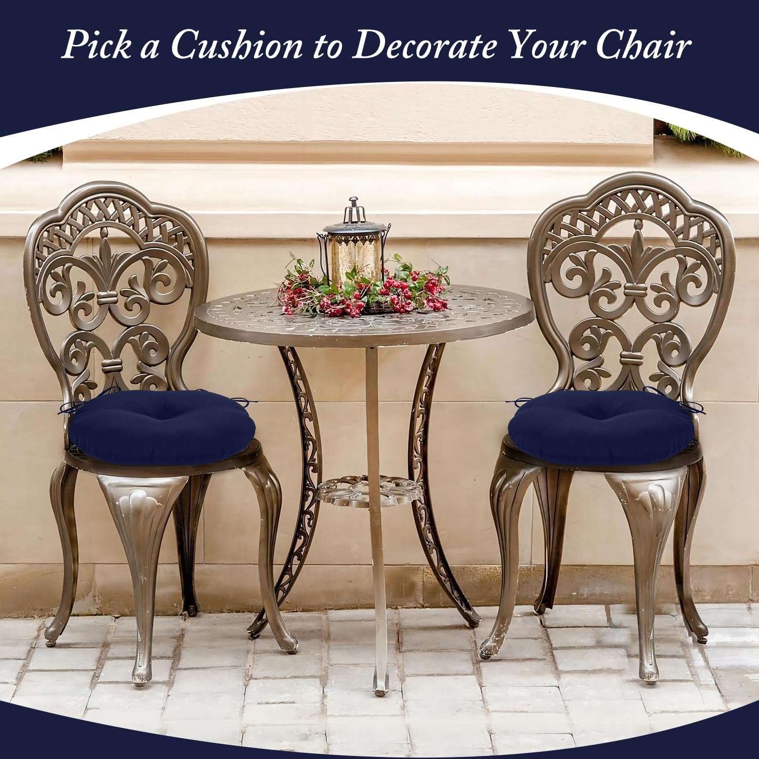 LOVTEX 15 Inch Round Outdoor Chair Cushions Set of 2 - Waterproof Bistro Seat Cushions with Ties for Patio Furniture, Navy Blue - Perfect for Garden, Deck, Poolside & Outdoor Dining