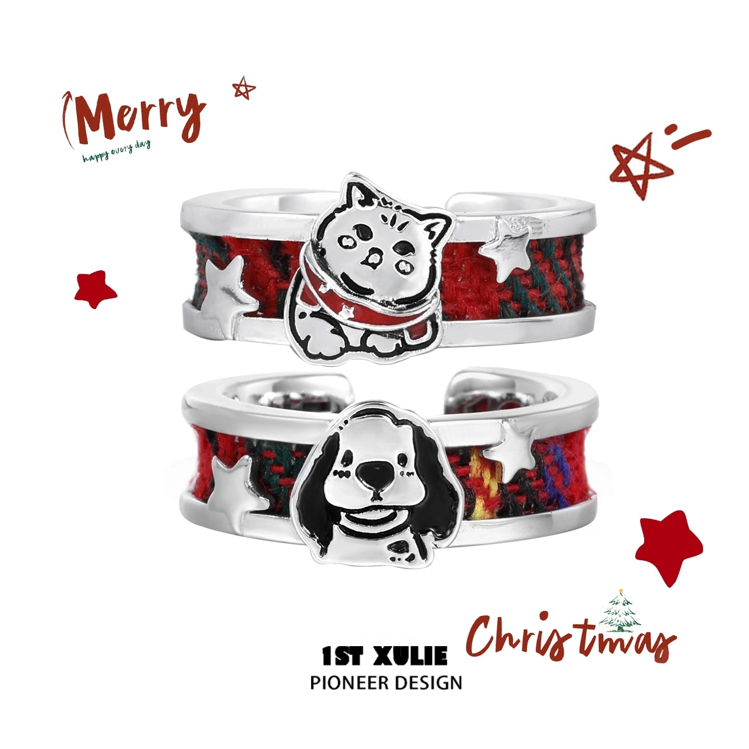 2024 Christmas Kitten & Puppy S925 Sterling Silver Adjustable Tartan Rings - Perfect Holiday Gift for Pet Lovers, Couples & Friends - Great for Christmas Parties, Stocking Stuffers & Festive Jewelry Gifts