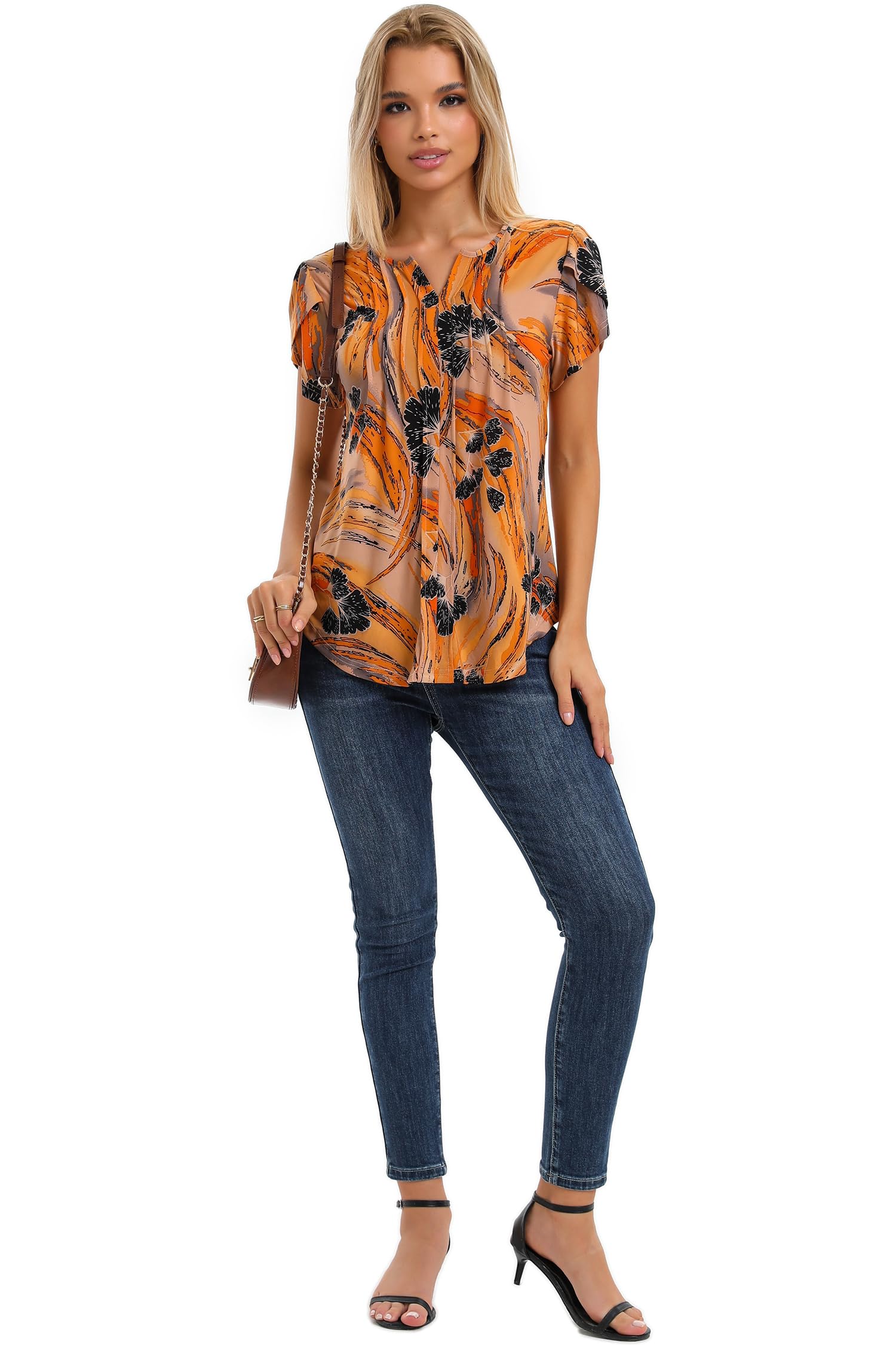 Women's Floral Pleated Short Sleeve Tops - Summer Flowy Blouses & Print Tunic Shirts - Casual Wear for Work, Date Night & Vacation Outfits