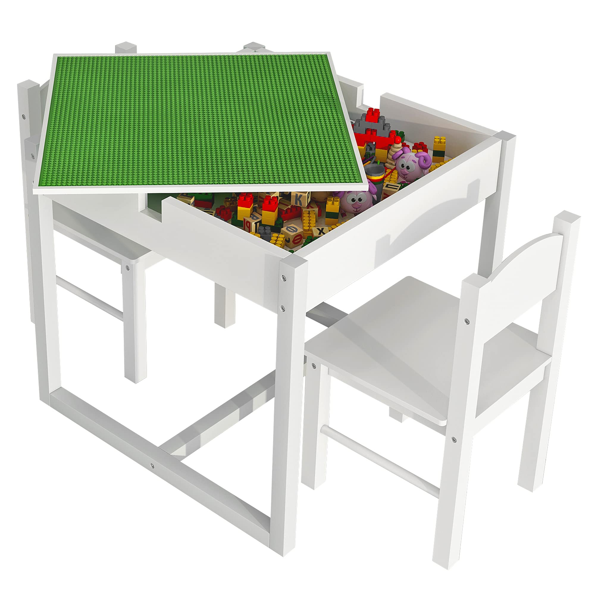 4NM 3-in-1 Kids Table and Chairs Set for Toddlers Ages 3-7 - Wooden Play Activity Table with Hidden Storage, Building Block Desk - White & Green - Perfect for Playroom, Preschool Learning, and Creative Activities