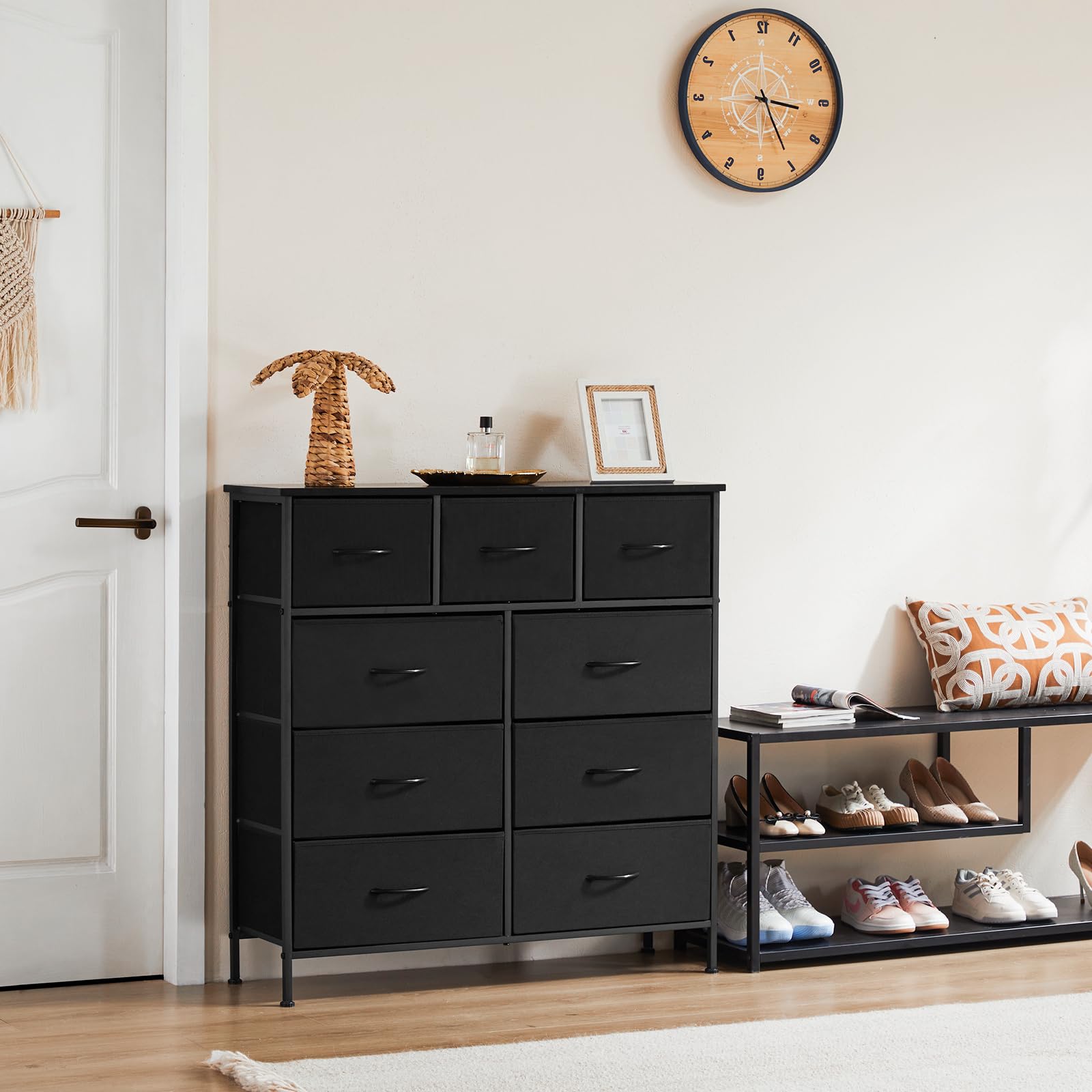 ANTONIA 9-Drawer Dresser for Bedroom - Tall Fabric Storage Tower with Cabinet & Wooden Top | Metal Frame Clothing Organizer for Closet, Nursery & Kids Room | Lightweight Chest Furniture in Black | Perfect for Small Spaces, Baby Essentials & Wardrobe Organization