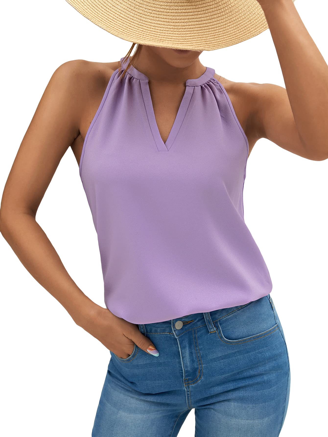 Milumia Women's Casual Notched V-Neck Halter Top - Sleeveless Work Office Tank Top for Summer, Beach & Business Casual Outfits