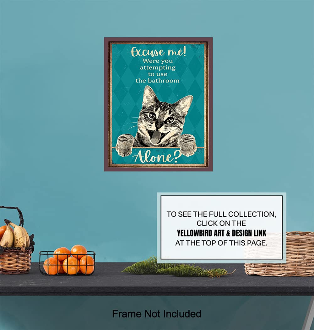 Funny Tabby Cat Bathroom Wall Decor - Blue Restroom Sign for Guest Bathroom & Powder Room - Unique Cat Lovers Gift for Women & Girls - Perfect for Home, Office, or Cafe Decor
