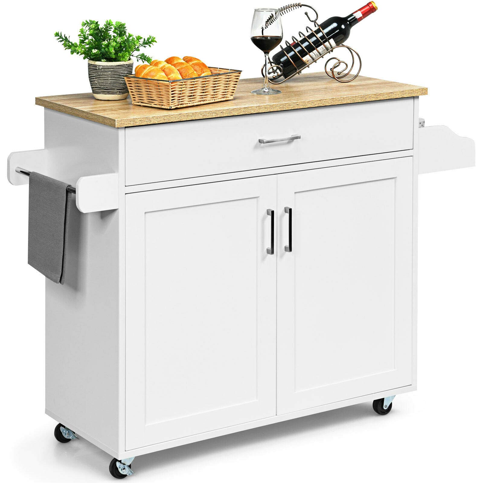 White Rolling Kitchen Island Cart with Spice Rack - 1 Drawer & Cabinet Storage, Spacious Countertop for Kitchenware, Wine & Dinnerware - Perfect for Small Kitchens, Entertaining & Spice Organization