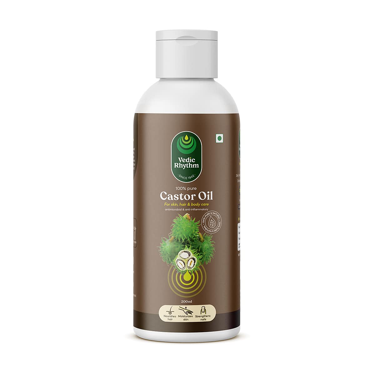 Vedic Rhythm Cold Pressed Castor Oil - 100% Pure Virgin Grade for Hair Growth, Eyelash & Beard Care, Skin Moisturizer, Nail Treatment - 200ml - Ideal for Natural Beauty Routine & DIY Cosmetics