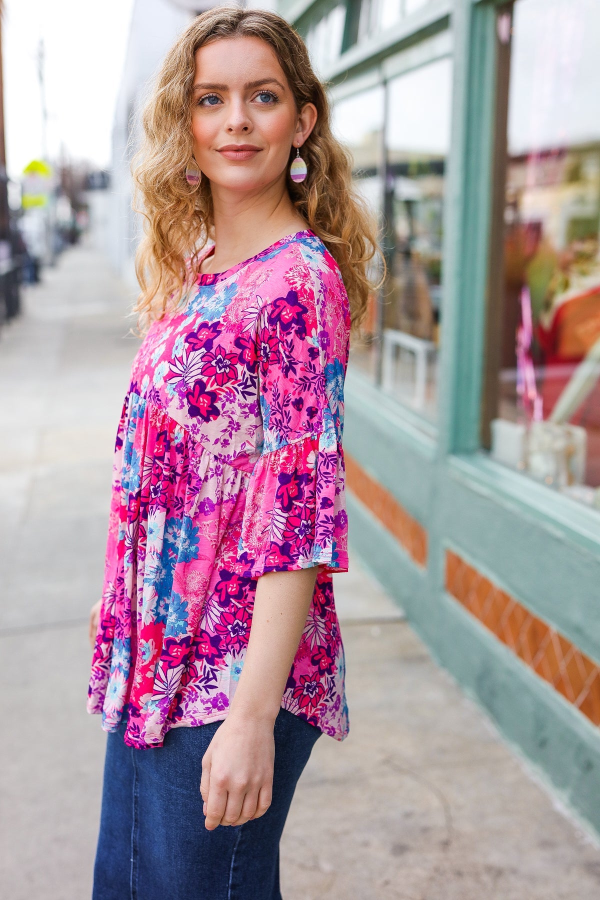 Hayzel Women's Pink & Blue Floral Print Babydoll Bell Sleeve Top - Cute Blouse for Casual Wear, Date Night & Spring Outfits