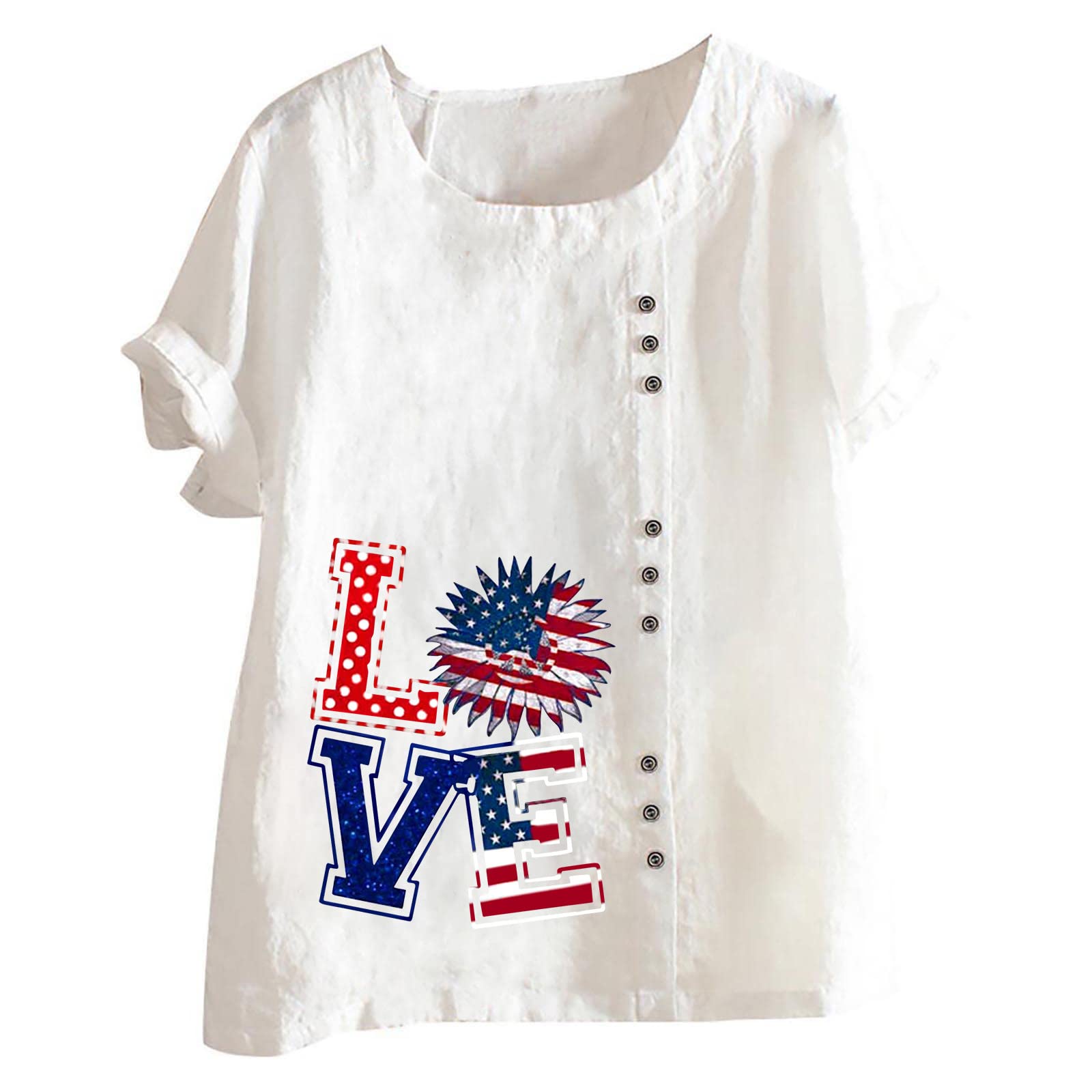 **Women's 4th of July Shirts - Plus Size American Flag Cotton Linen Tops, US Flag Printed Short Sleeve Button Tunic Blouse for Independence Day, BBQ, and Patriotic Events**