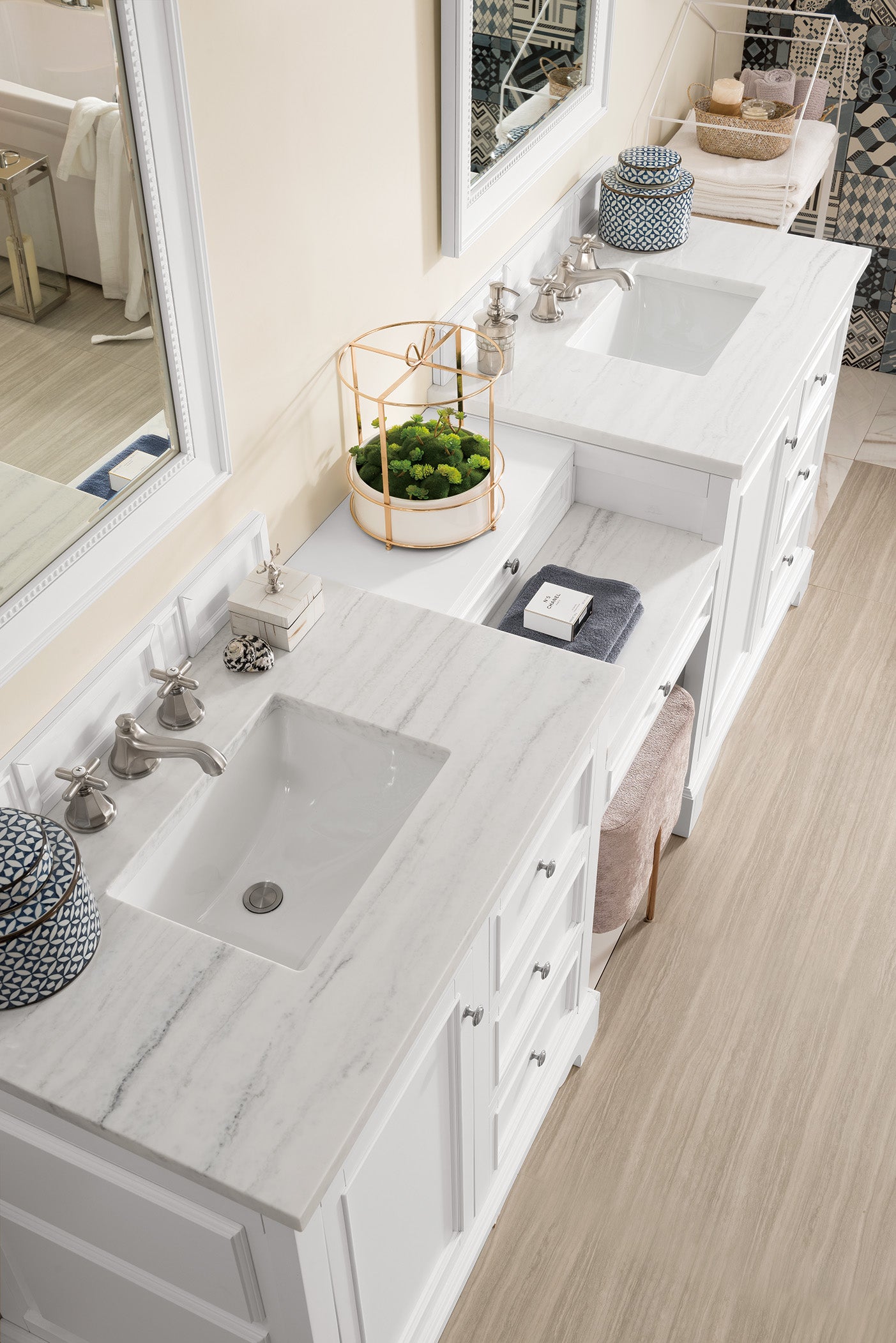 De Soto 94 Double Vanity Set with Makeup Table - Bright White Finish & 3CM Arctic Fall Solid Surface Top for Bathroom or Bedroom Makeup Organization