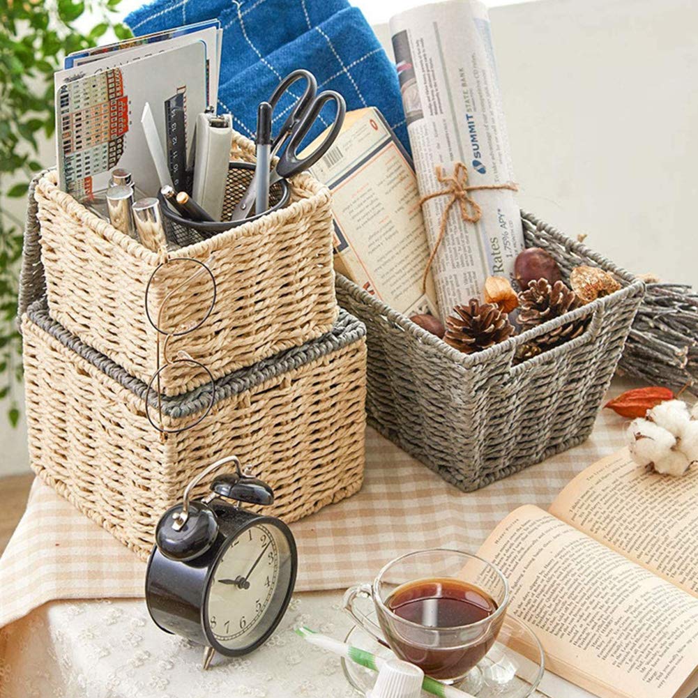 4-Pack Recycled Paper Rope Woven Storage Baskets - Eco-Friendly Multipurpose Organizer Bins for Home & Office - Perfect for Storing Toys, Books, Office Supplies & Small Household Items (Beige)