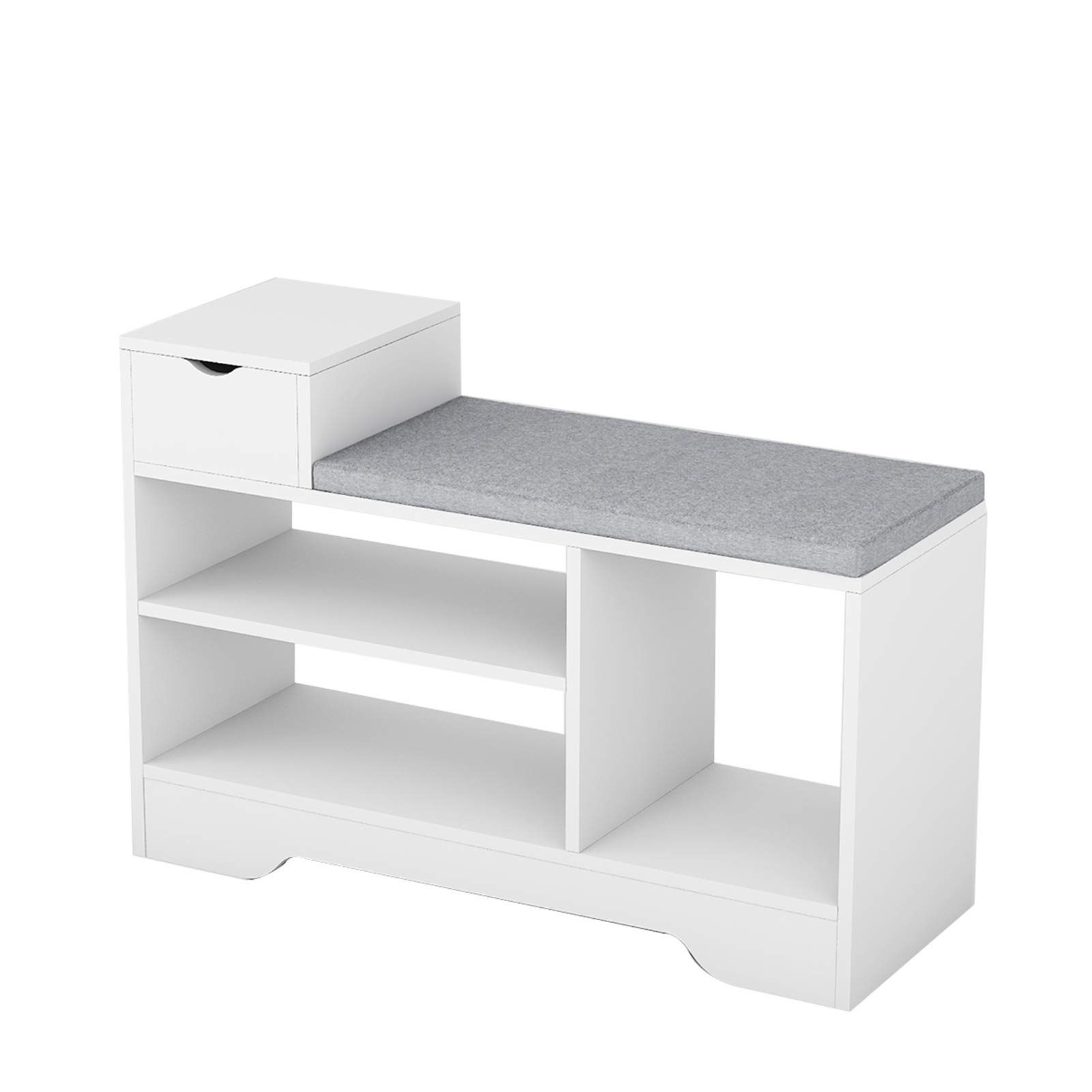 Brisk-Bun White Upholstered Storage Bench - 3-Tier Shoe Organizer with Cushioned Seat & Drawers - Entryway, Hallway, Living Room Furniture for Home Organization & Shoe Storage