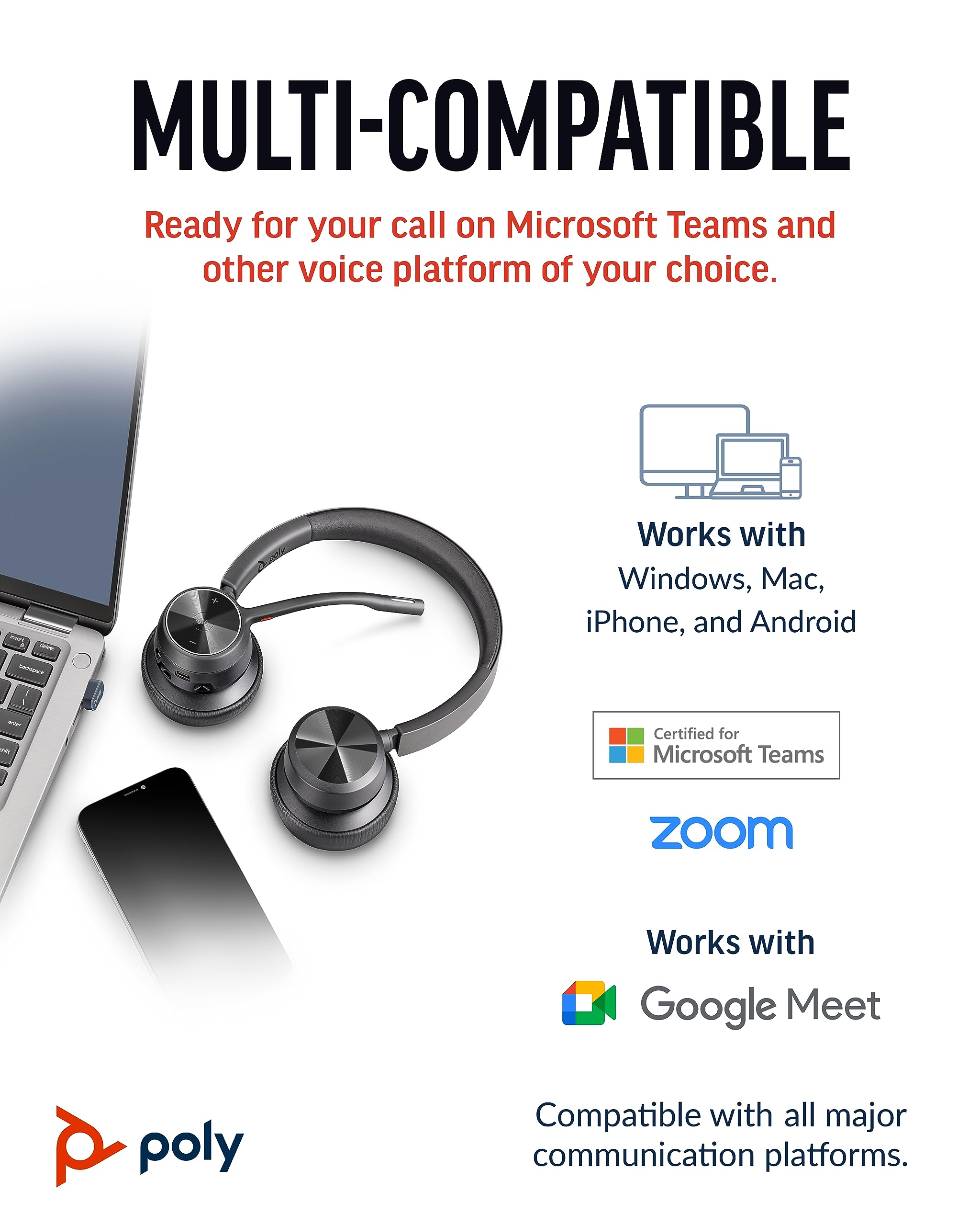 Poly Voyager 4320 UC Wireless Headset with Noise-Canceling Boom Mic - Bluetooth Stereo Headphones for PC, Mac, Mobile - Certified for Microsoft Teams, Zoom & More - Perfect for Remote Work, Online Meetings & Gaming - Amazon Exclusive