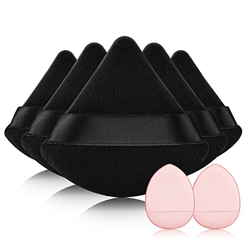 6-Piece Velour Triangle Powder Puffs & 2 Makeup Sponges Set with Travel Case - Individually Wrapped Soft Cotton Puffs for Loose Powder, Body Powder & Mineral Makeup (Black) | Perfect for Travel, Home & Professional Makeup Application