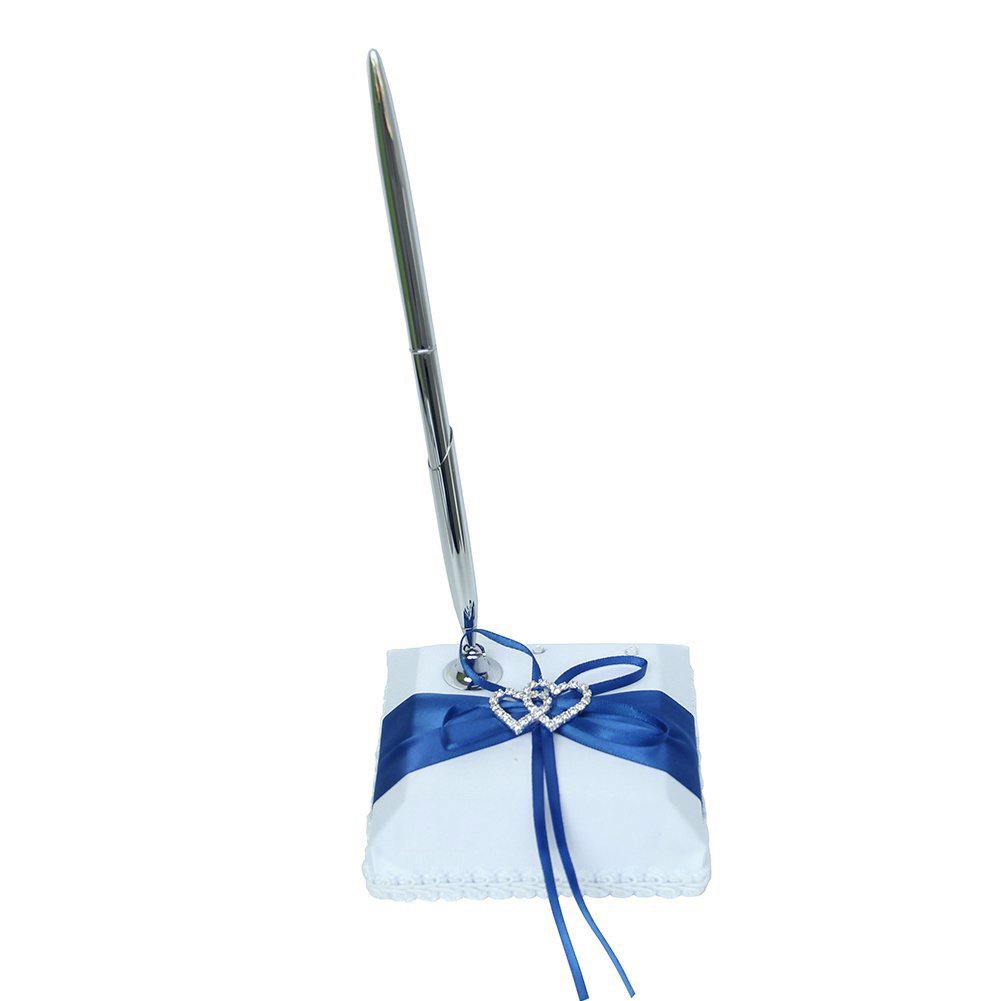 Elegant Guest Book and Pen Set with Hardcover, Satin Ribbon Bow & Rhinestone Heart - Perfect for Rustic Weddings, Anniversary Parties & Special Events (Dark Blue, 72 Pages)