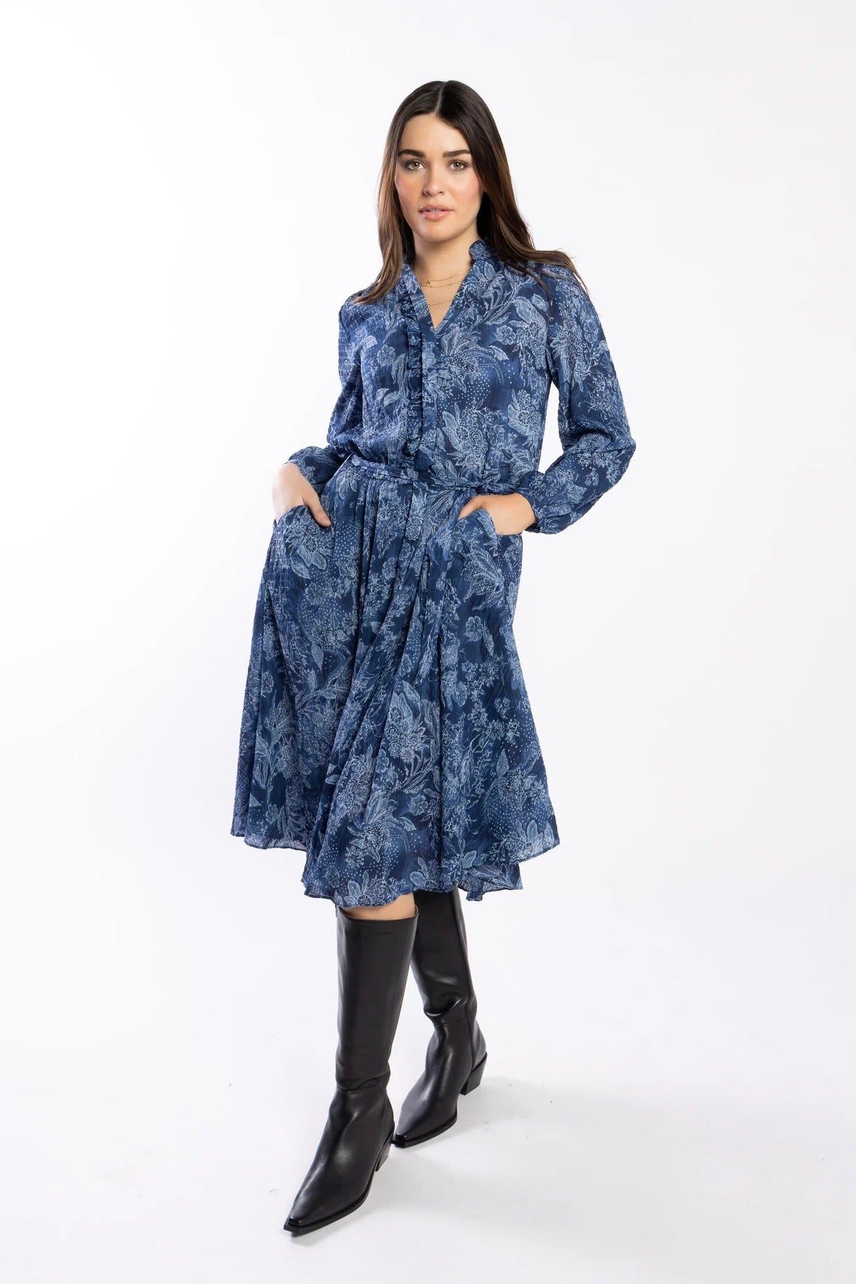 Kensie Blue Paisley Print Long Sleeve Ruffle Button Front Dress for Women | Casual & Party Wear | Perfect for Office, Date Night & Special Occasions