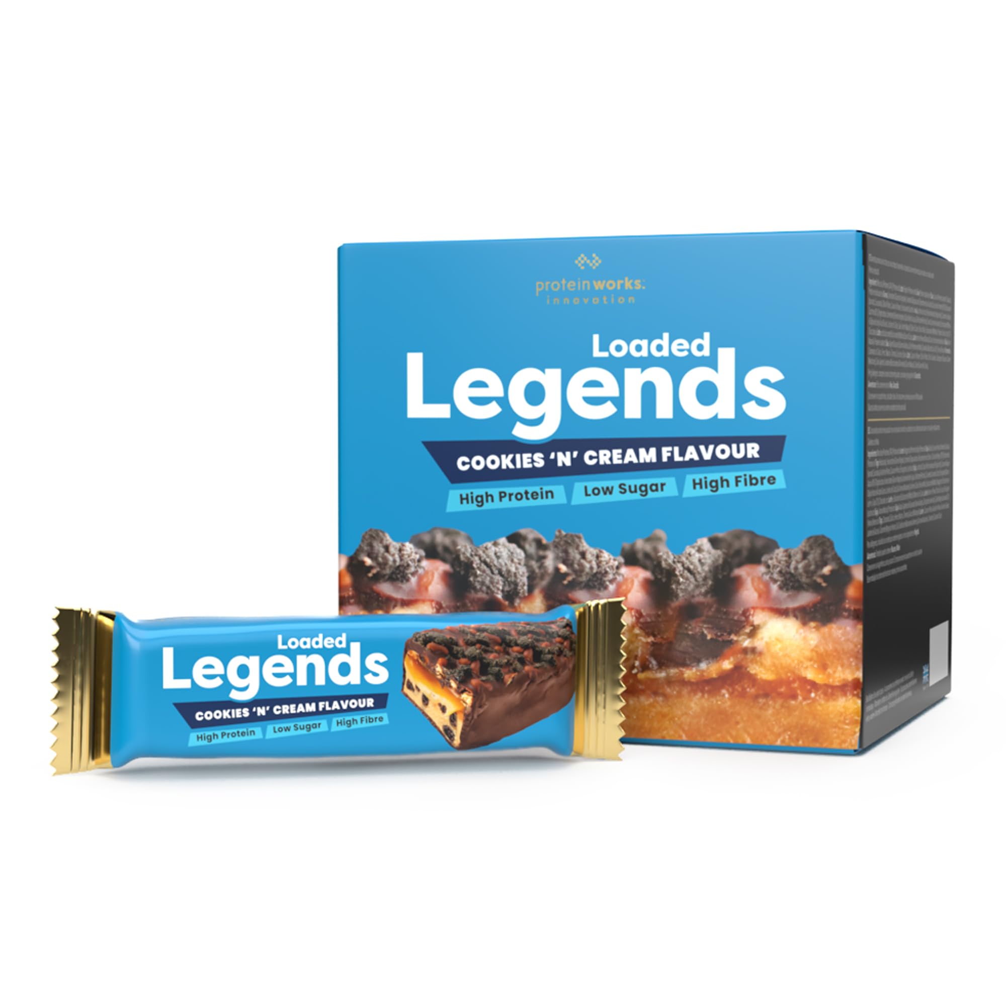 Loaded Legend Protein Bar by Protein Works | 14g Protein, Low Sugar, High Fiber | 12-Pack x 47g (Cookies & Cream Flavor) | Perfect for Post-Workout Recovery, Gym Snacks & Healthy On-the-Go Nutrition