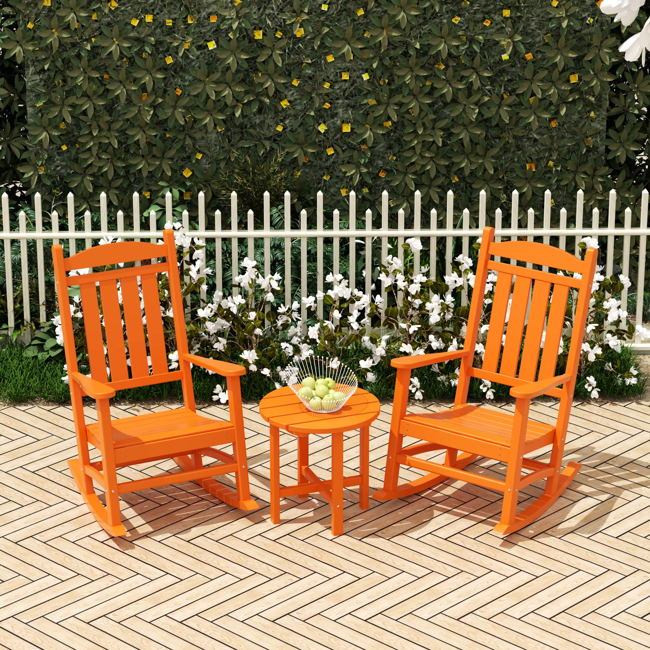 WO Home Furniture 3-Piece HDPE Outdoor Rocking Chair Set - Traditional Patio Rocking Chairs for Porch, Garden & Backyard (Orange) - Durable Weather-Resistant Outdoor Furniture for Relaxation & Leisure