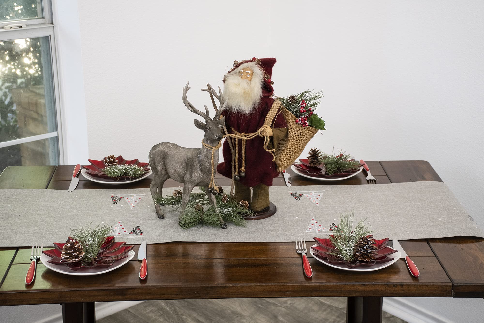 Embroidered Holiday Reindeer Christmas Table Runner - Light Gray Rectangle Dresser Scarf 16x67 inches - Perfect for Christmas Decor, Dining Table Centerpiece, Buffet Server & Holiday Home Decor
