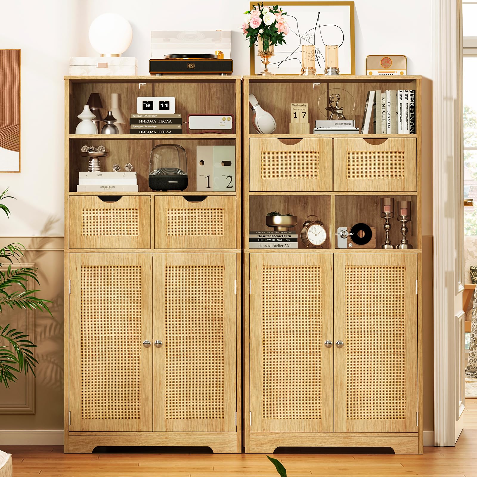 Iwell Tall Rattan Storage Cabinet with 2 Drawers & Adjustable Shelf - Kitchen Pantry Organizer, Entryway Storage for Living Room, Dining Room & Home Office - Natural Finish for Farmhouse & Modern Decor