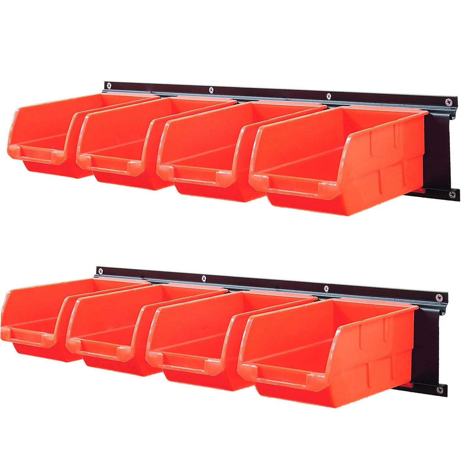 Wallmaster 8-Bin Storage Bins - 2-Tier Wall Mount Garage Organizer Rack System with Orange Tool Cube Baskets | Perfect for Garage, Workshop & Home Organization
