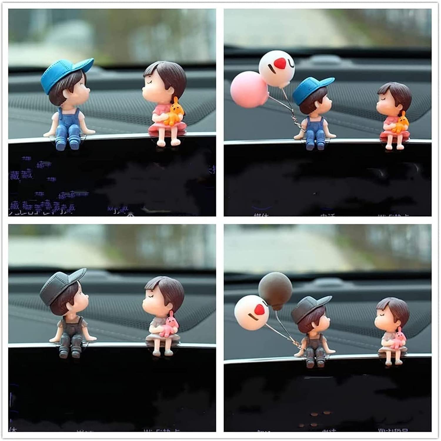 Cute Couple Car Interior Decorations - Cartoon Dashboard Figurines & Balloon Ornaments for Girls | 4-Piece Set | Perfect for Valentine's Gifts, Birthday Presents & Car Accessories