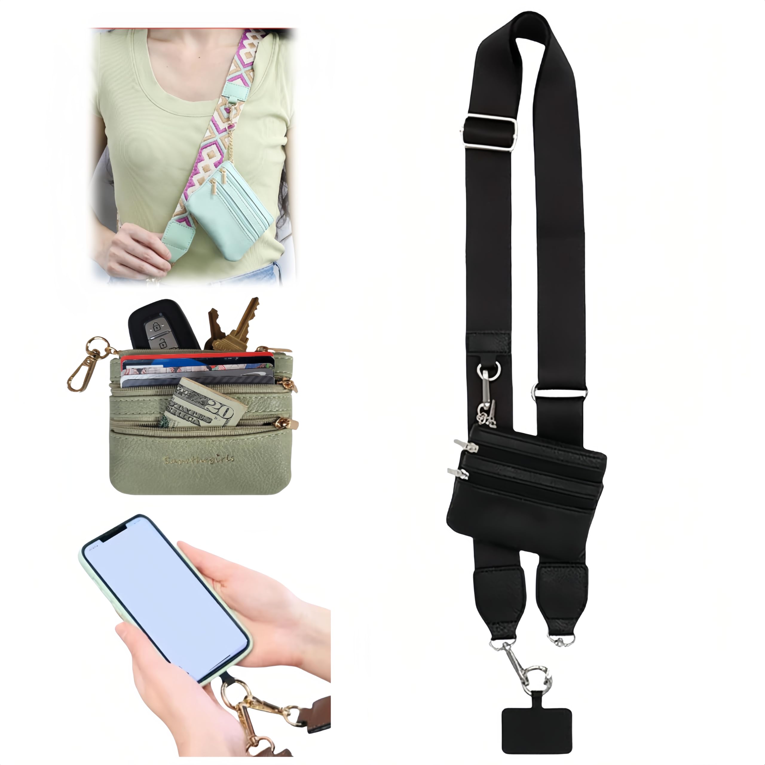 Premium Adjustable Crossbody Phone Strap with Zippered Wallet Pouch - Compatible with iPhone & Smartphones - Hands-Free Convenience for Shopping, Travel & Outdoor Activities (Black)