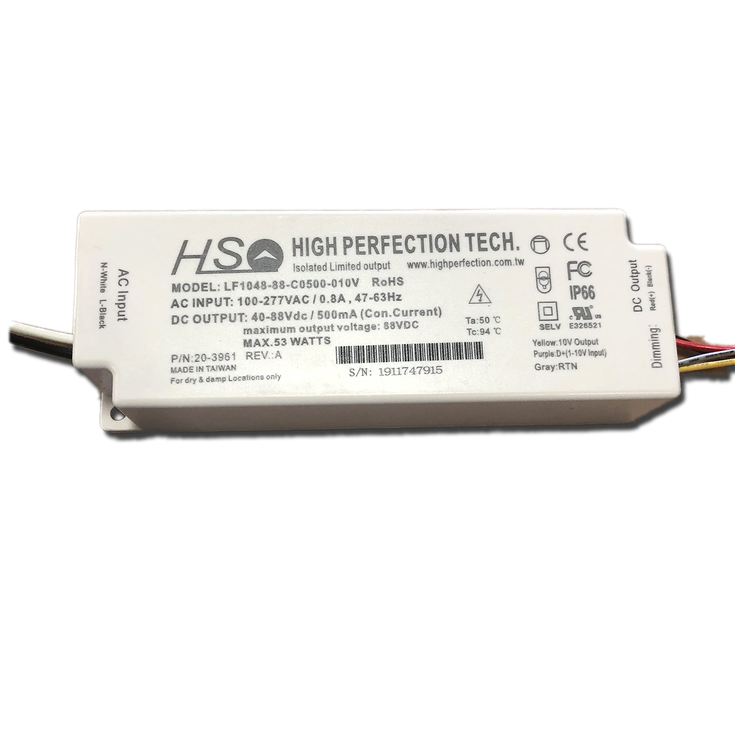 LF1048-88-C0500-010V 500mA 0-10V Dimmable LED Driver 48W Max - cULus, CE, RoHS Certified IP66 Waterproof - Perfect for Outdoor Lighting & Commercial LED Applications