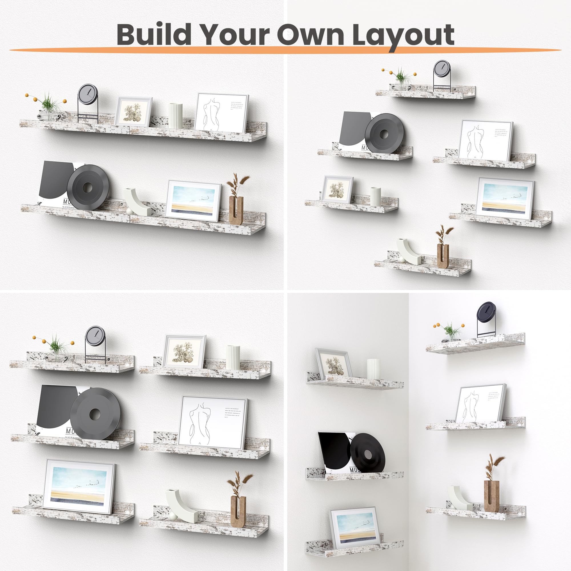 Upsimples Floating Shelves for Wall - Set of 6 Wooden Mounted Shelves, Rustic White Home Decor Storage for Bedroom, Living Room, Bathroom & Kitchen - Perfect for Displaying Photos, Books and Decorative Items