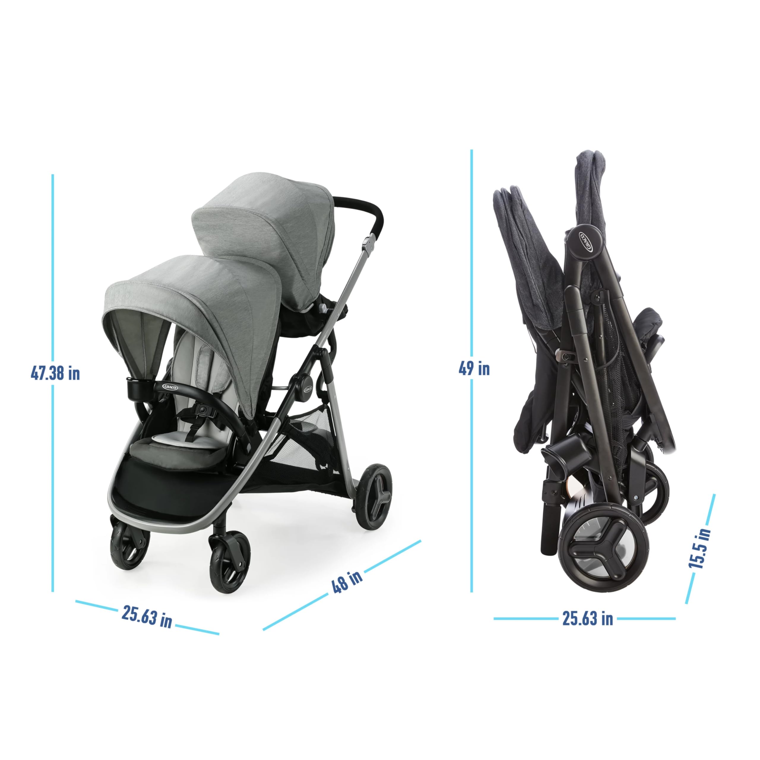 Graco Ready2Grow LX 2.0 Double Stroller with Bench Seat & Standing Platform - Lightweight Compact Foldable Stroller for Twins & Siblings - Perfect for Shopping, Travel & Daily Walks