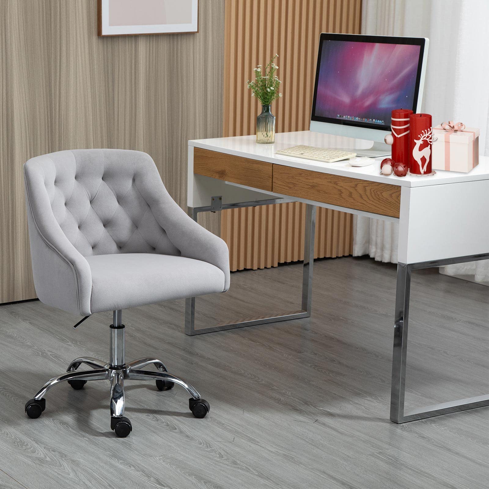 MOJAY Velvet Office Swivel Vanity Chair - Adjustable Height 360° Rotating Fabric Desk Chair with Gold Base for Women, Reception & Home Office (Grey) - Perfect for Makeup Vanity, Dressing Table & Workstation