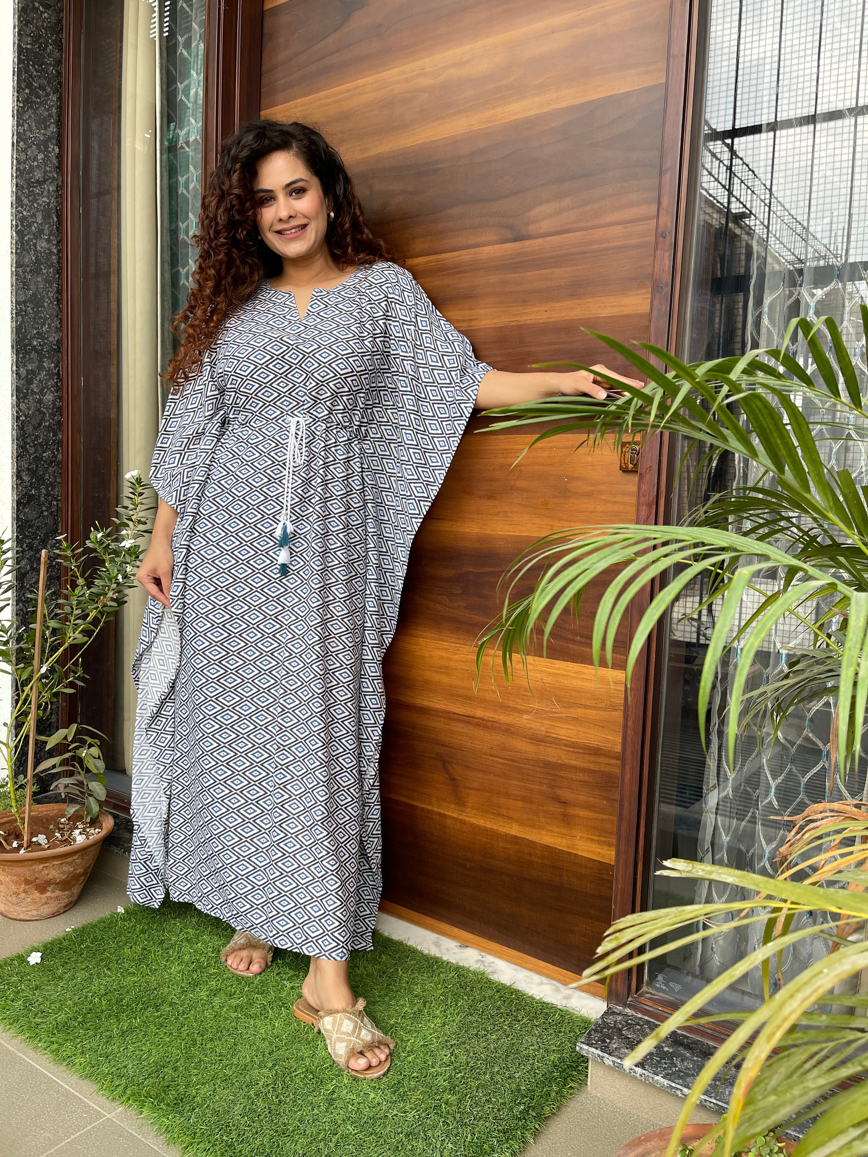 Soft and Comfortable Blue Cotton Kaftan Dress for Women - Perfect for Beach, Lounge, and Summer Vacation Wear