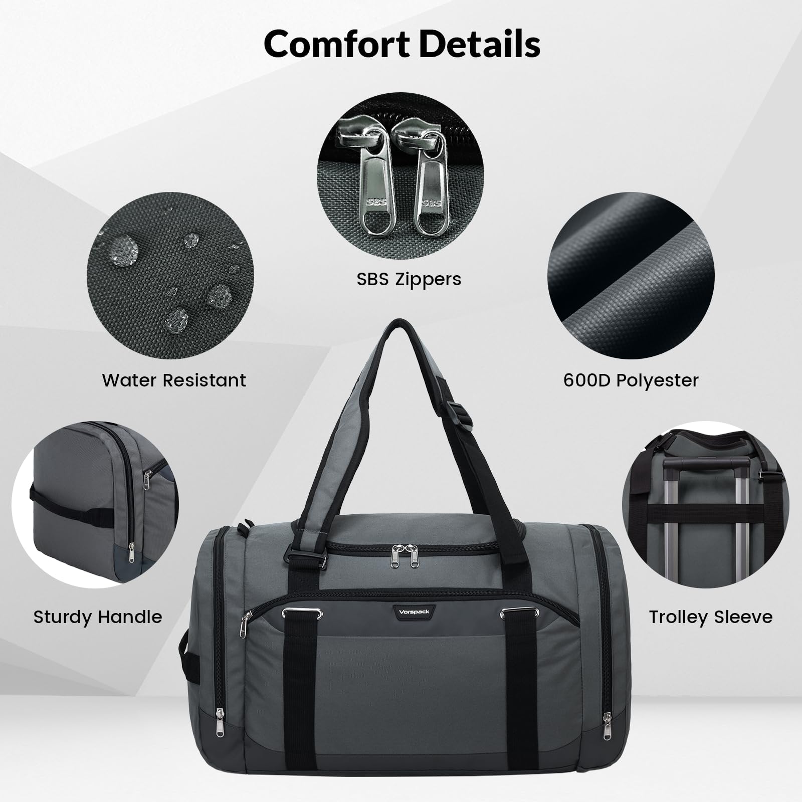 **Vorspack 45L Gym Bag for Men - Large Duffle Bag with Shoe Compartment for Travel, Sports & Gym - Weekender Overnight Backpack Carry On - Perfect for Workouts, Weekend Trips & Travel - Grey**